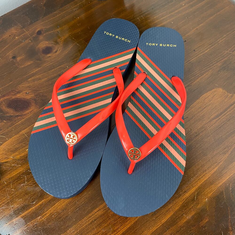 Tory Burch Striped Thin Flip Flops Sandals Gold Double T Logo Navy Coral Size 9